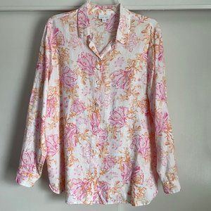 J. Jill Linen Top Coral Reef Sea Turtle Print Button Down Blouse Pink Orange M
